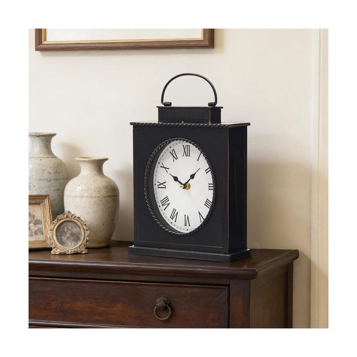 Vintage Mantel Clock, Large Rustic Distressed Metal Table Clock with Handle, Silent Non-Ticking Quartz Movement