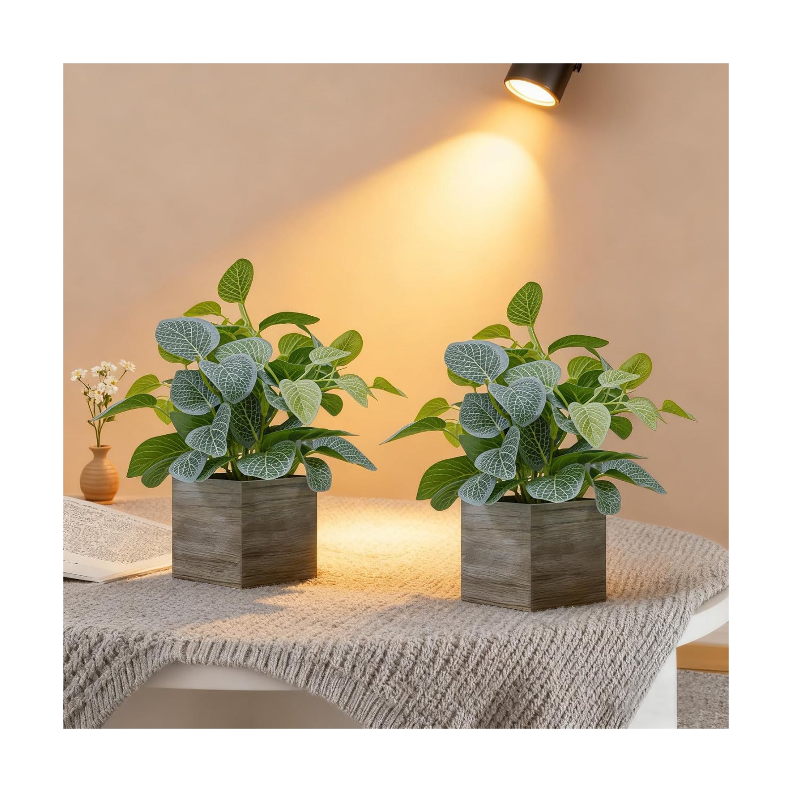 Wooden Planters / Faux Potted Silk Plants / Eucalyptus / 4 Inch / Set of 2