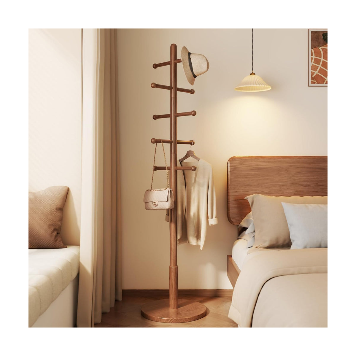Solid Wood Coat Rack Freestanding with 10 Hooks, Coat tree freestanding 3 Adjustable Heights for coat, Hats, Handbags