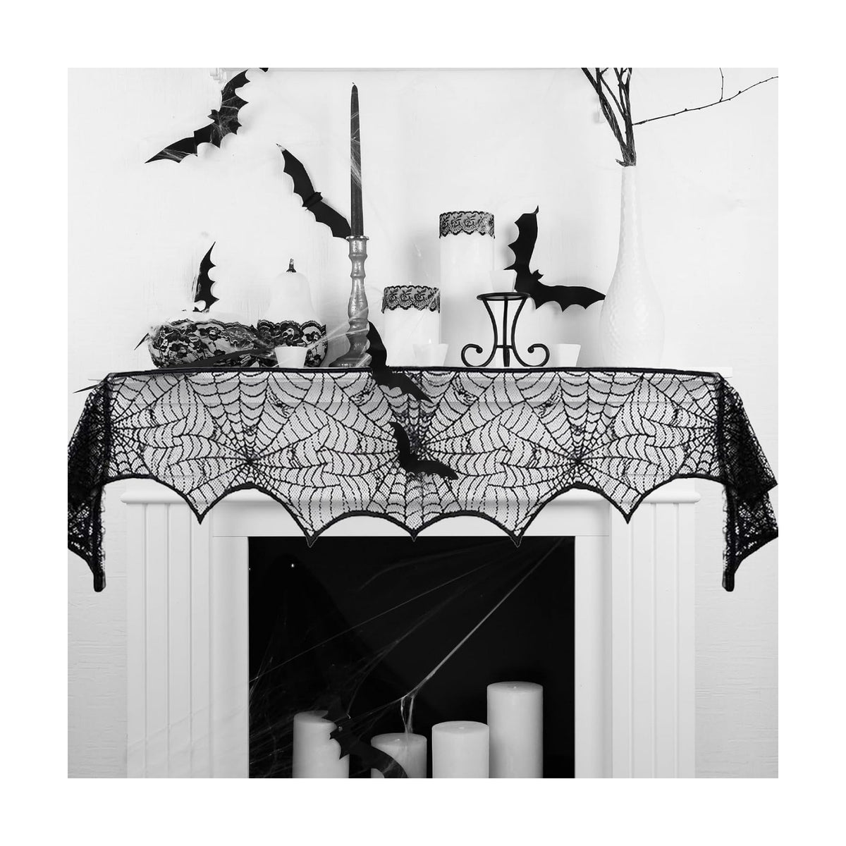Halloween Mantel Scarf Black Lace Spiderweb for Fireplace Decor Halloween Decorations Indoor Fireplace Scarf(18 x 96 inch)(Black)