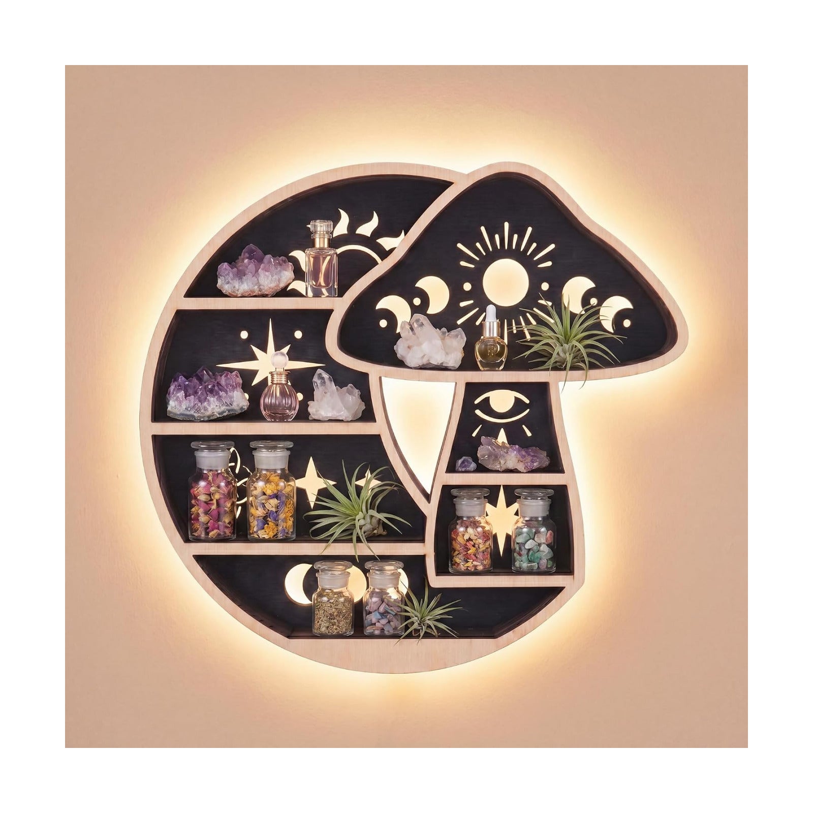 LED Light / Wooden Mushroom Shelf for Crystals Rocks Gems Healing Stones / Mushroom & Moon with Led