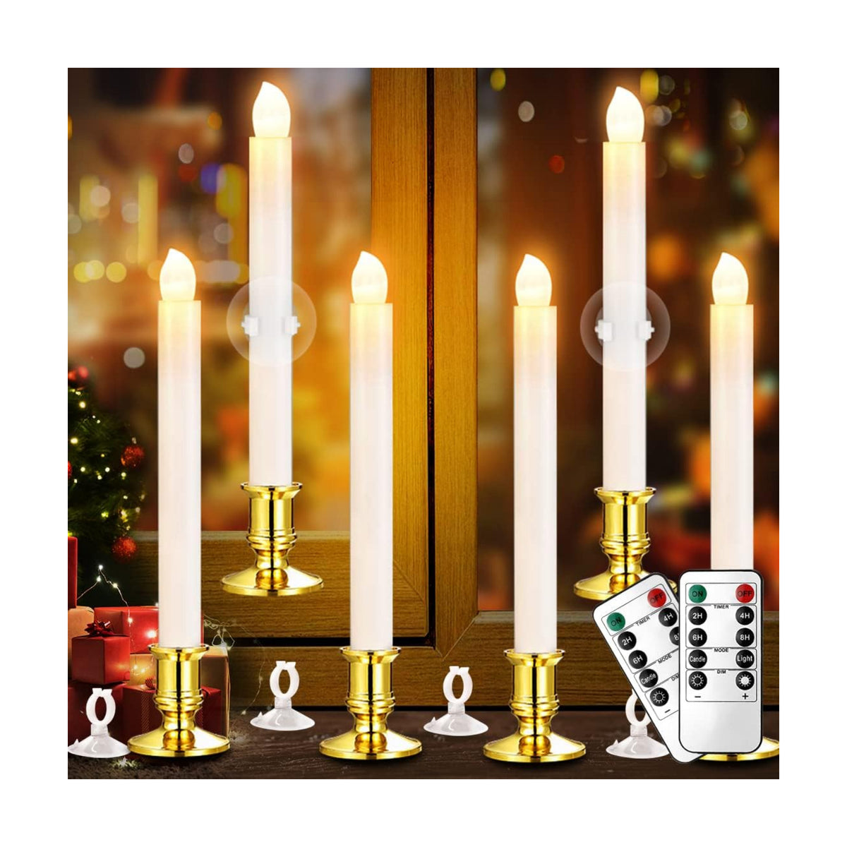 YAUNGEL Christmas Window Candles, 6 Pack Battery Operated Flameless Taper Candles for Windows with Timer Remote