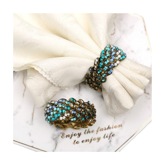 Peacock Napkin Rings Set of 12 - Vintage Metal Crystal Rustic Jeweled Napkin Ring Holders for Wedding Party Holiday, a