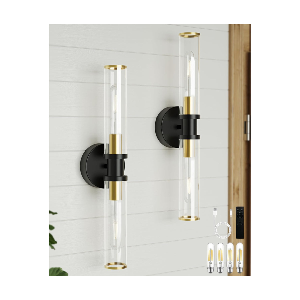 Rayogale Black & Gold Wireless Battery Operated Wall Sconces with Remote | Glass Rechargeable Wall Lights Set of 2 with