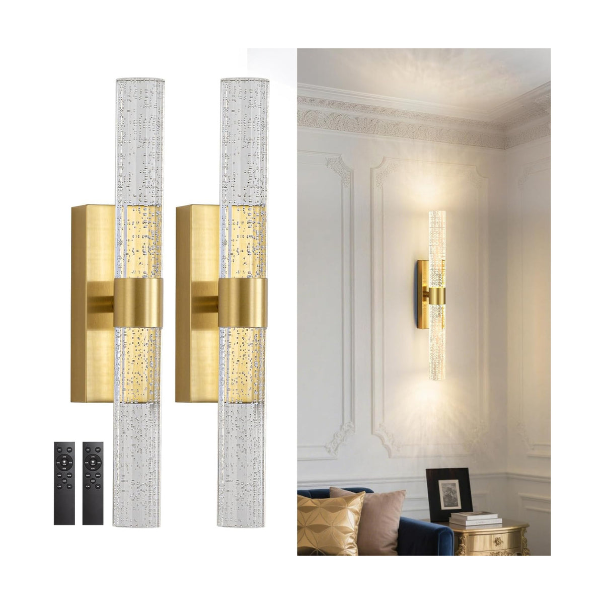 Battery Operated Wall Sconces Set of 2, 10000mAh Gold Rechargeable Wall Lights with Remote, Dimmable Wireless Wall Lamp