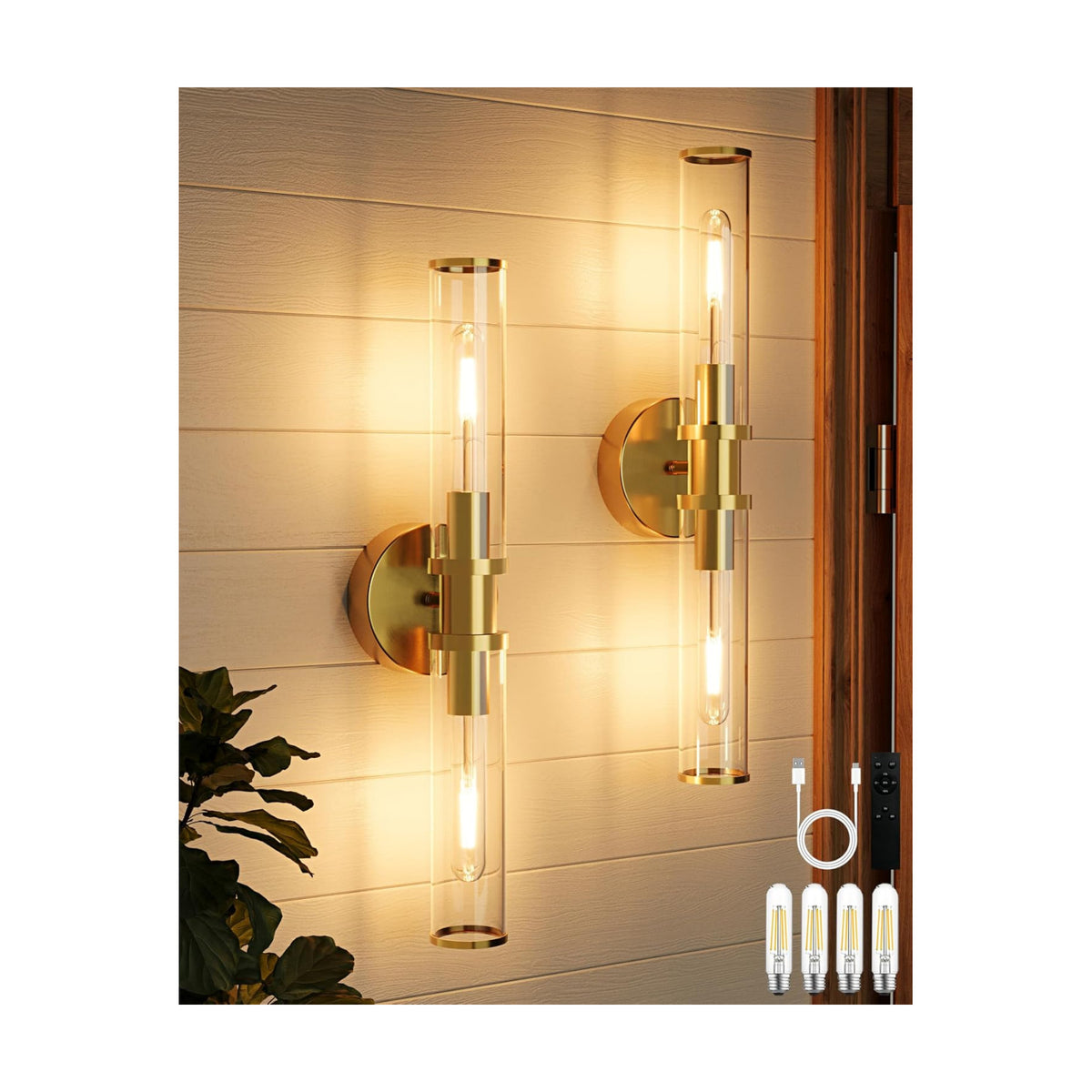8000mAh Wireless Wall Sconces with Remote Control 3000K, Gold, 20.5 Inch | Battery Operated Wall Sconce Set of 2 with