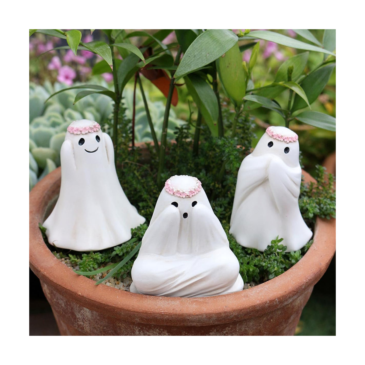 3 Pcs Ghost See No Evil Hear No Evil Speak No Evil Statues, Spooky Halloween Ghost Plant Decorations for Pots, Cute See No Evil Hear No Evil Figurines for Home Office Desk Lawn Yard Planter Pot