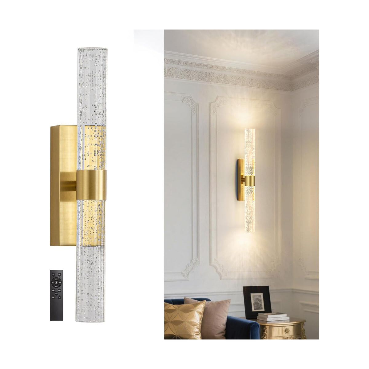 Battery Operated Wall Sconces, Dimmable Wireless Wall Light with Remote, 10000mAh Gold Rechargeable Wall Lamp for
