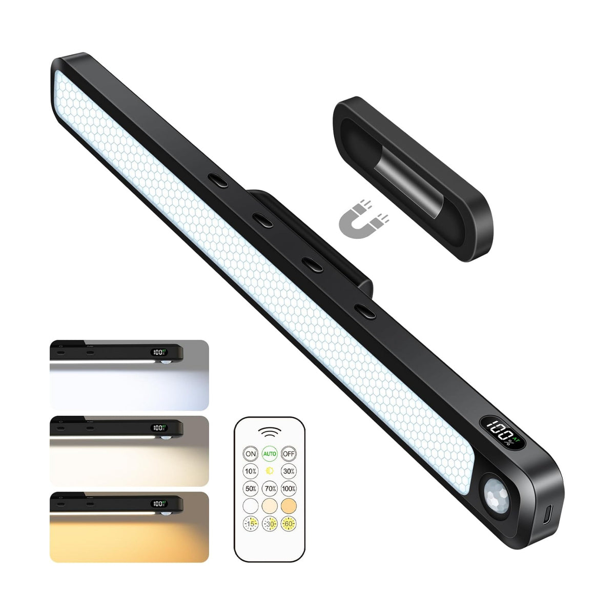 Ferswe 5W Motion Sensor LED Light Bar with Remote, 2500mAh Under Cabinet Lights with Battery Display,Eye-Friendly