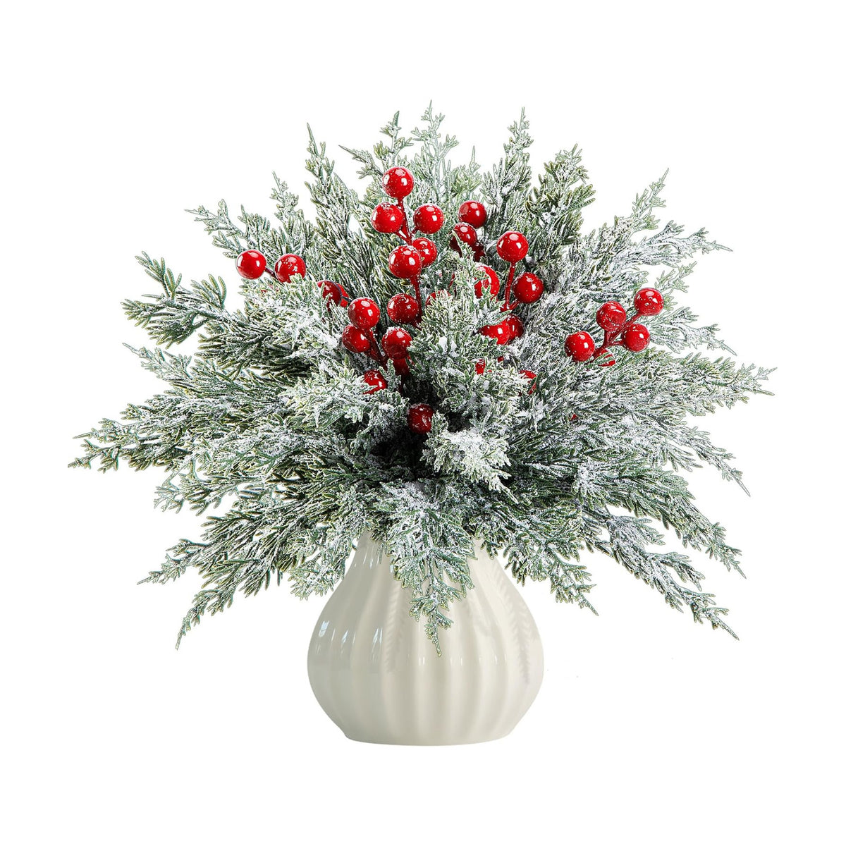 60 Pcs Artificial Christmas Snow Pine Branches with Red Berry Stems, Snowy Faux Greenery Norfolk Pine Cypress Leaves Stems, Berries White Frosted Fake Foliage Pine Needle Picks for Garland Home Decor