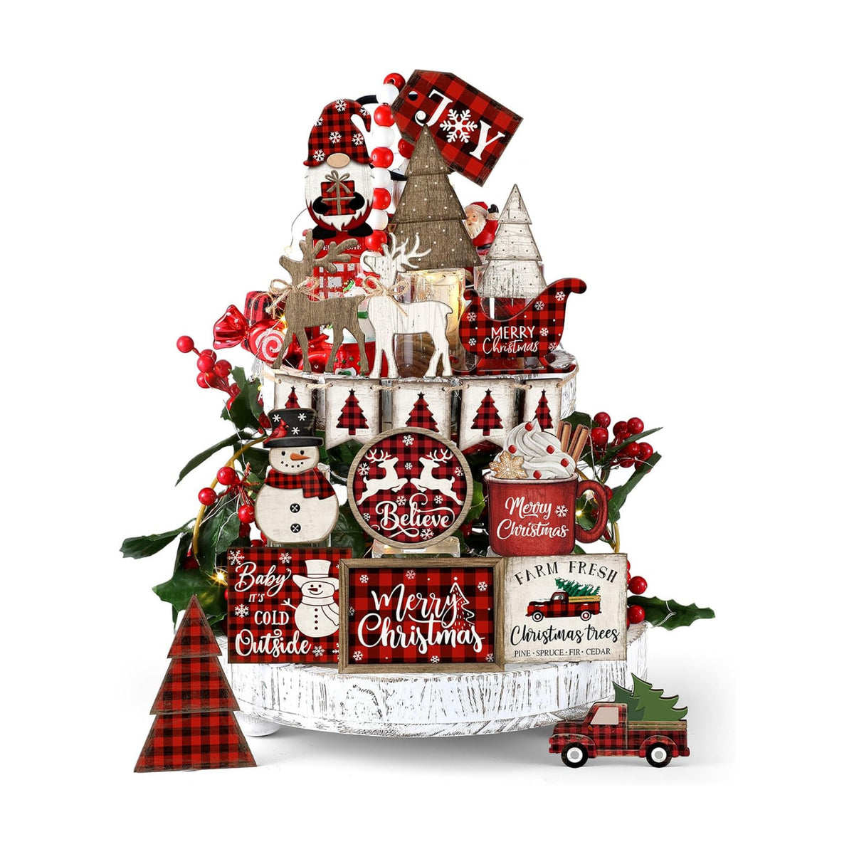 Shellwei 21 Pcs Christmas Tiered Tray Decor Set Wood Rustic Buffalo Plaid Christmas Decoration Winter Farmhouse Decor Xmas Trees Gnome Elk Snowflake Signs for Table Shelf Home Centerpiece (Plaid)