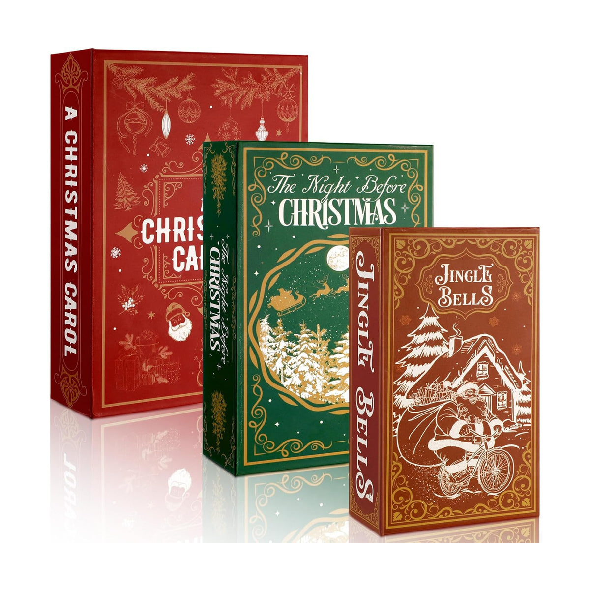 Threehoney 3 Pack Christmas Decorative Books Christmas Decor Extra Deep Faux Book Russian Doll Style Hidden Storage Box with Magnetic Cover Holiday Themed