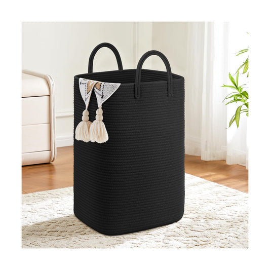 Laundry Basket / Woven Cotton Rope Laundry Hamper / 60L / Darkblack