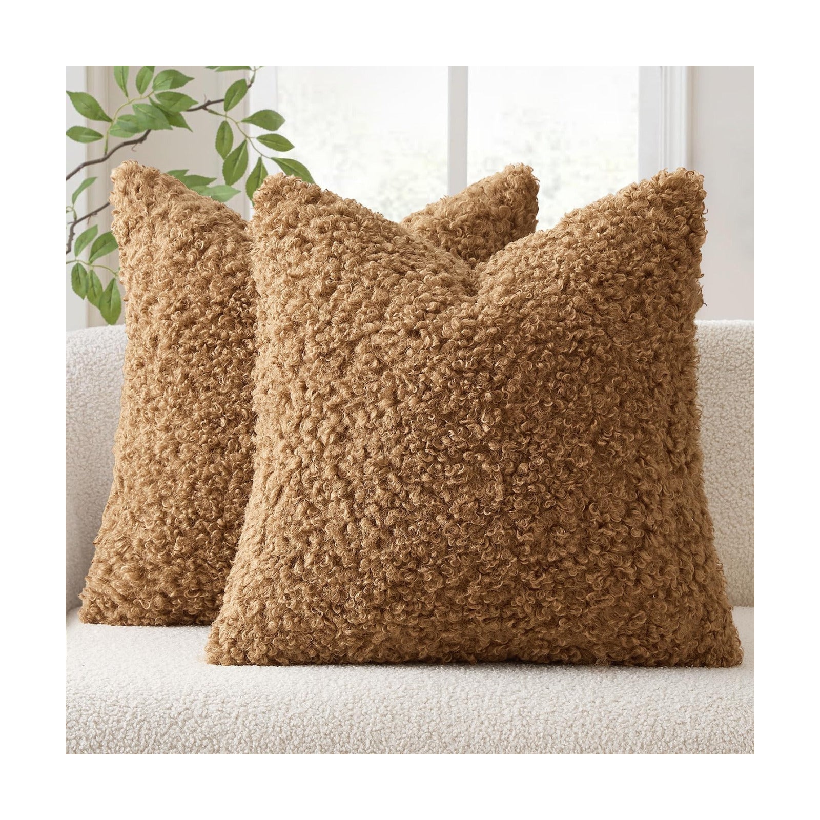 Teddy Faux Fur Throw Pillow Covers Soft Fuzzy Sherpa Sheepskin / Brown / 18 x 18 / Set of 2