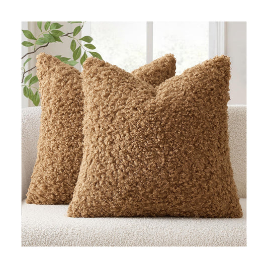 Teddy Faux Fur Throw Pillow Covers Soft Fuzzy Sherpa Sheepskin / Brown / 18 x 18 / Set of 2