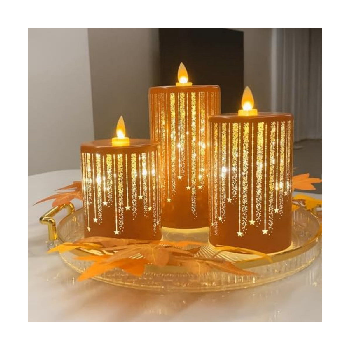 Led Candles Flickering Flameless Candles Battery Operated Fake Electric Luminara Gold Fall Decorations Fireplace Mantle Decor for Living Room Table Centerpieces for Dining Room Bathroom (Orange)