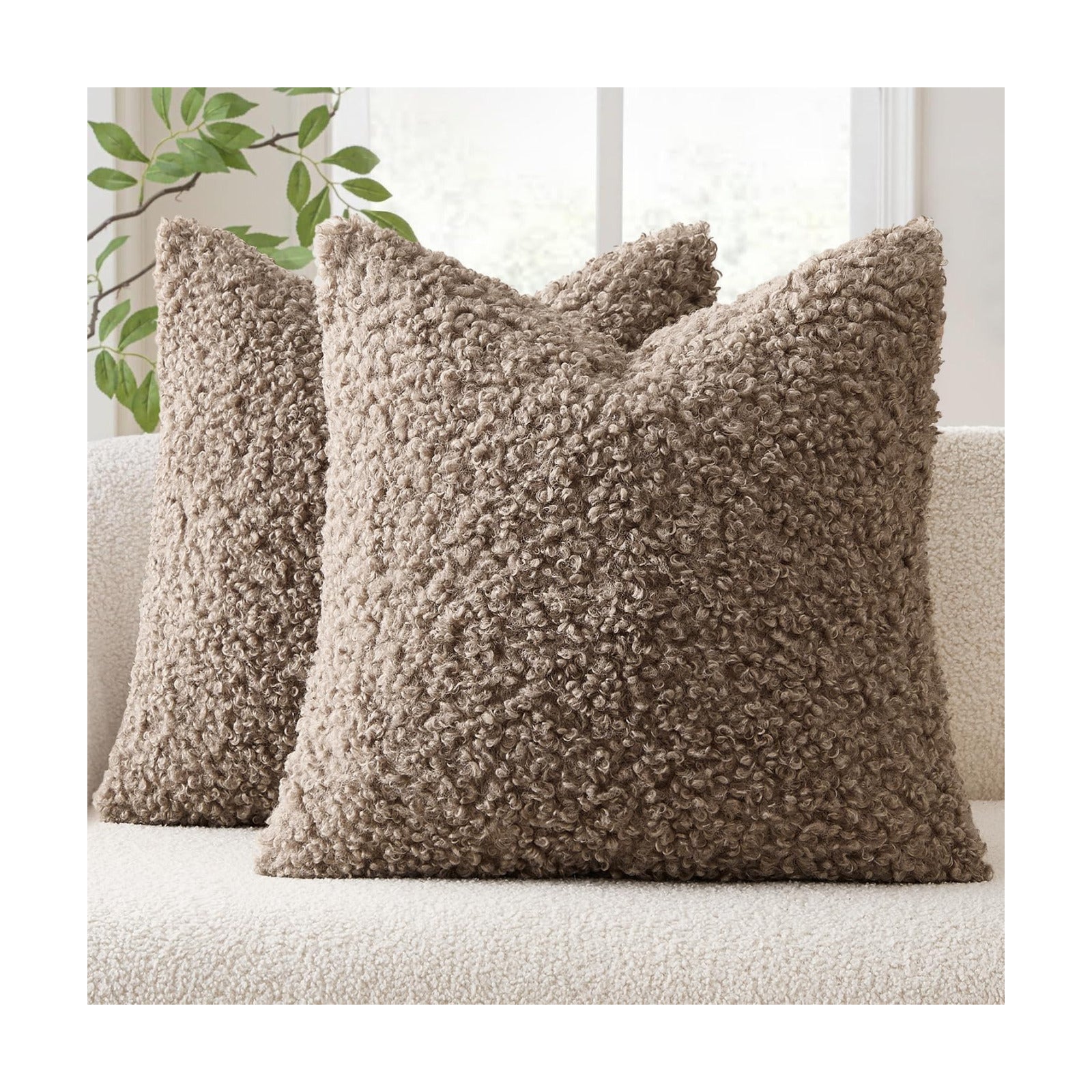 Teddy Faux Fur Throw Pillow Covers Soft Fuzzy Sherpa Sheepskin / Khaki / 18 x 18 / Set of 2