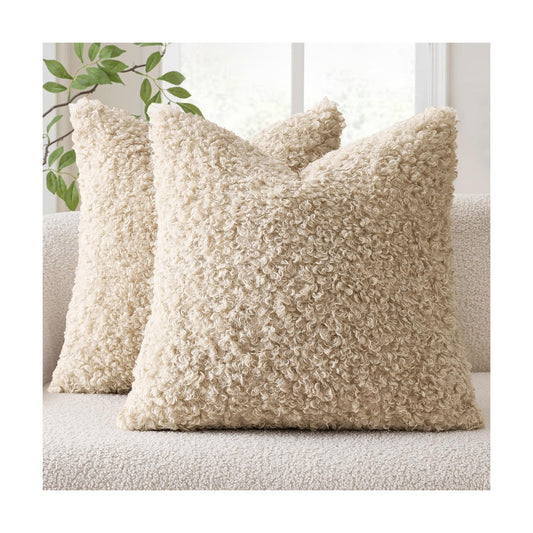 Teddy Faux Fur Throw Pillow Covers Soft Fuzzy Sherpa / Neutral Oatmeal / 18 x 18 / Set of 2