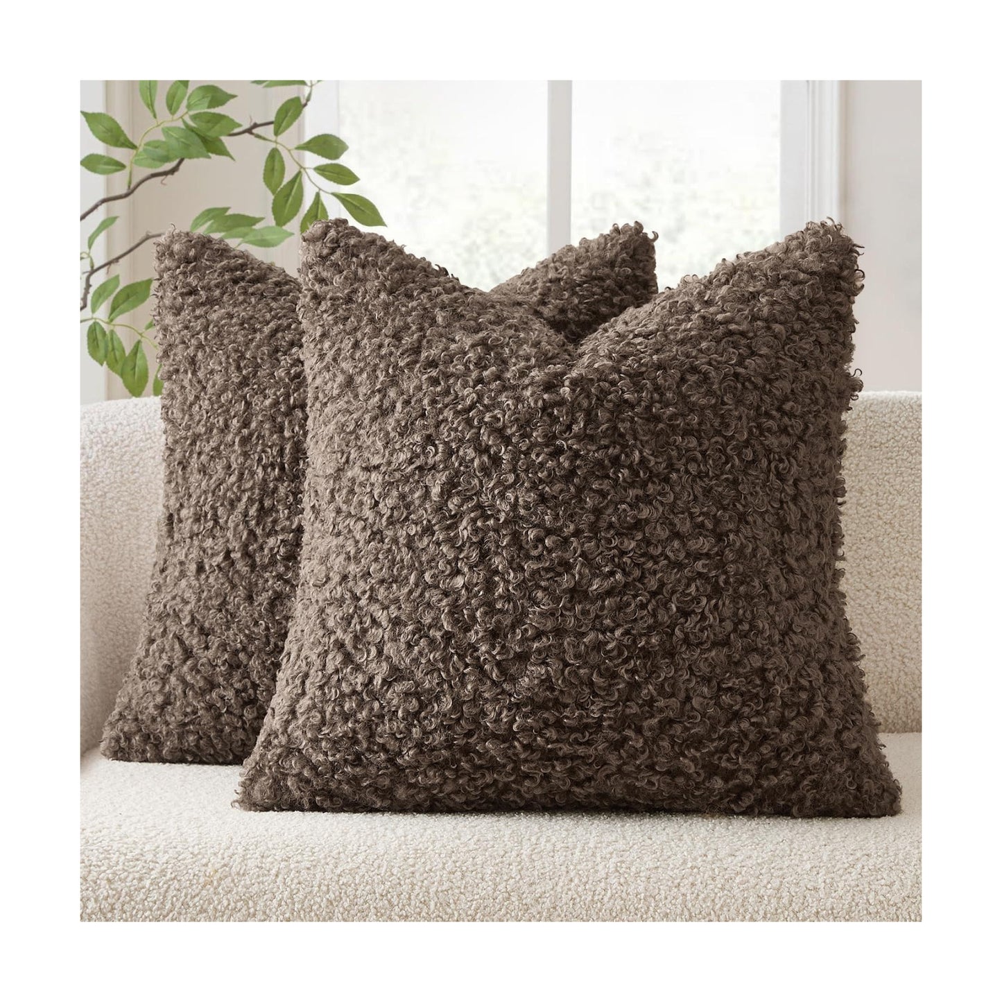 Teddy Faux Fur Throw Pillow Covers Soft Fuzzy Sherpa Sheepskin / Chocolate / 18 x 18 / Set of 2