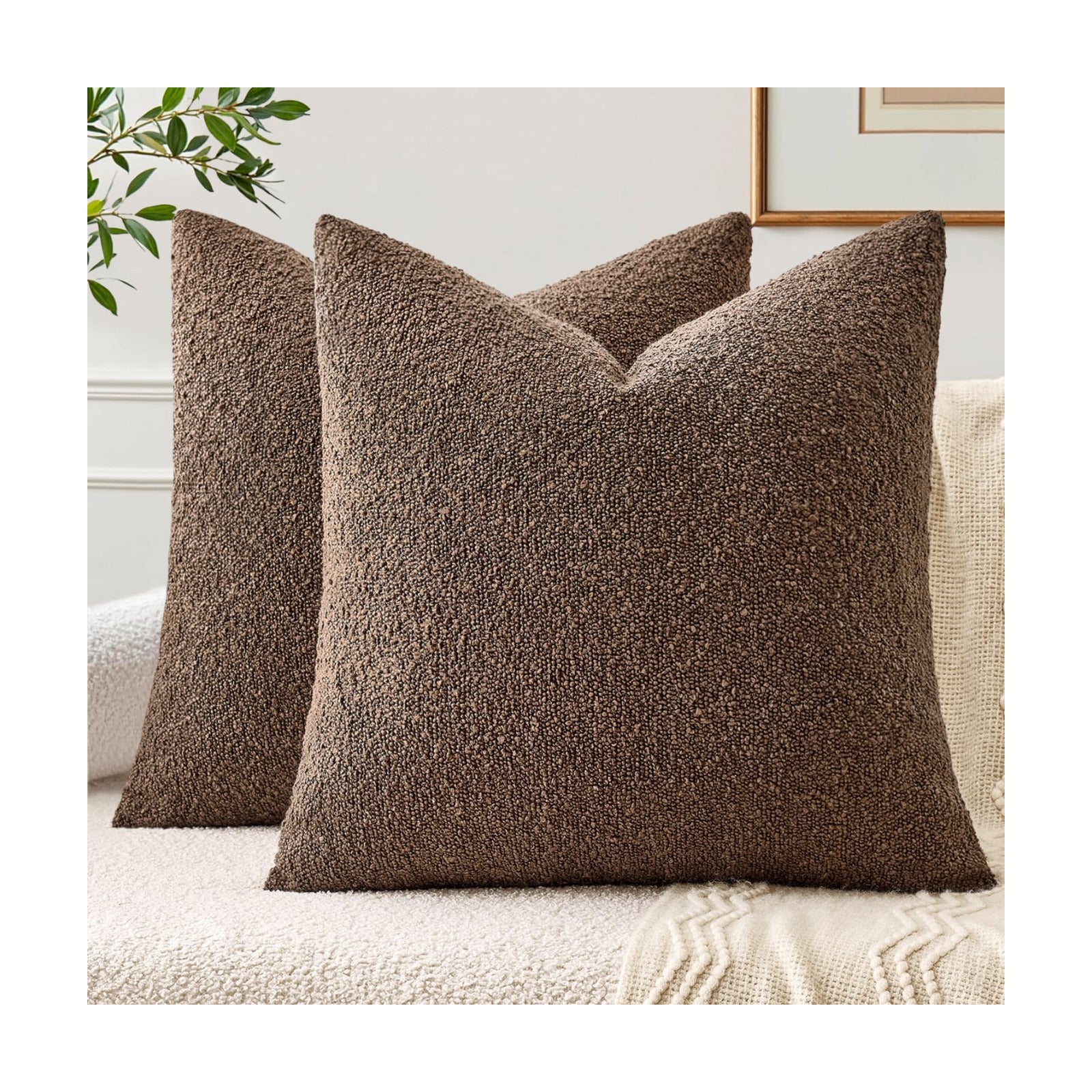 Textured Boucle Throw Pillow Covers Soft Accent Solid Cushion / Dark Coffee / 18 x 18 / Set of 2