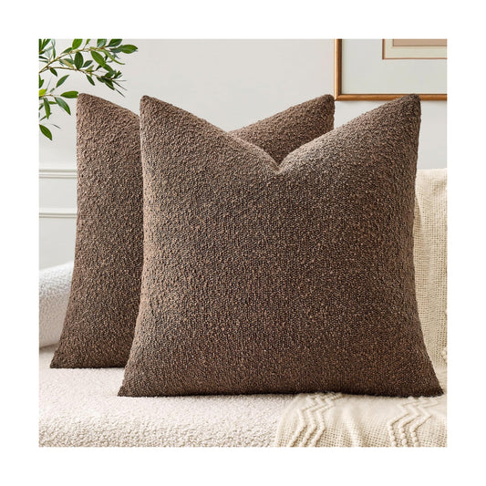 Textured Boucle Throw Pillow Covers Soft Accent Solid Cushion / Dark Coffee / 18 x 18 / Set of 2