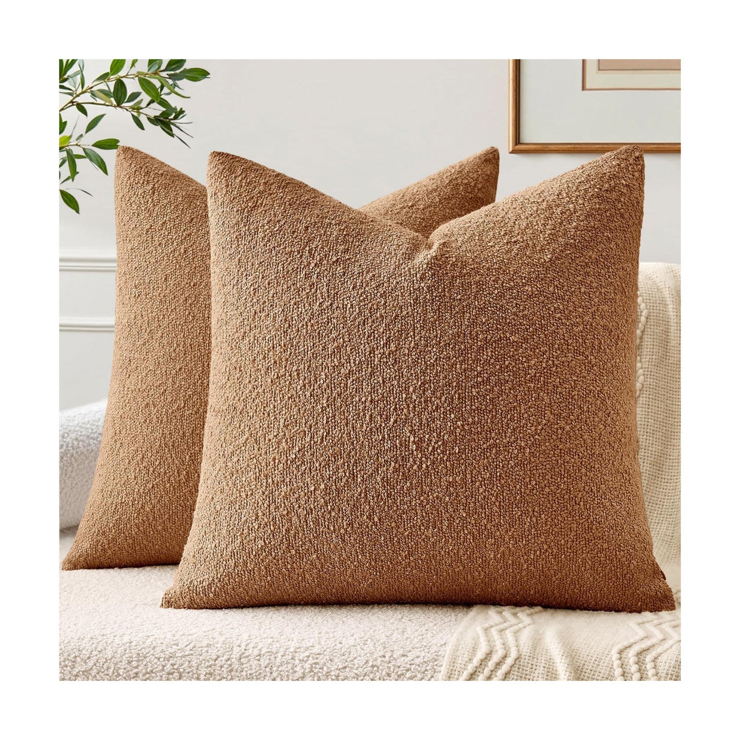 Textured Boucle Throw Pillow Covers Soft Accent Solid Cushion Cases / Brown / 20 x 20 / Set of 2