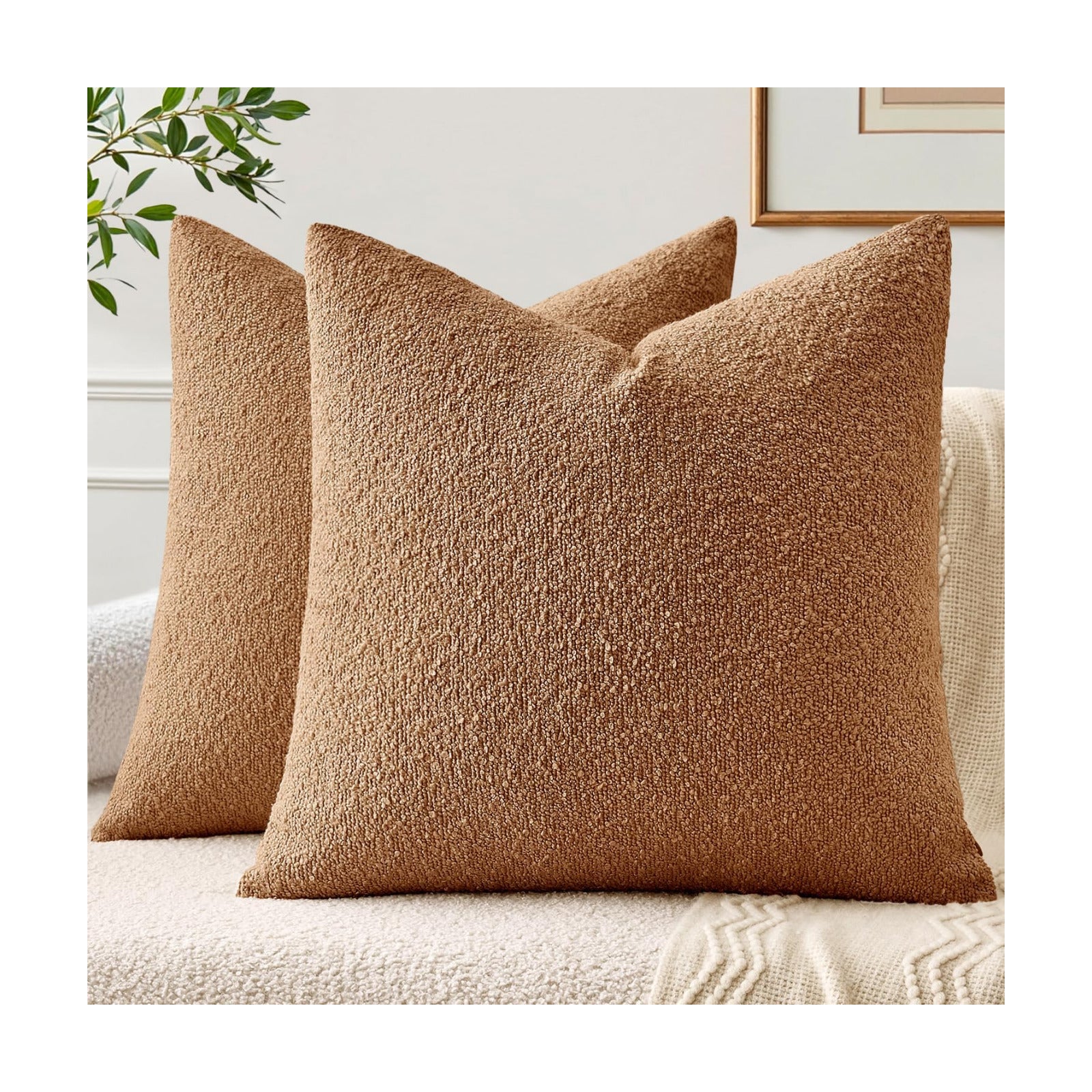 Textured Boucle Throw Pillow Covers Soft Accent Solid Cushion Cases / Brown / 20 x 20 / Set of 2