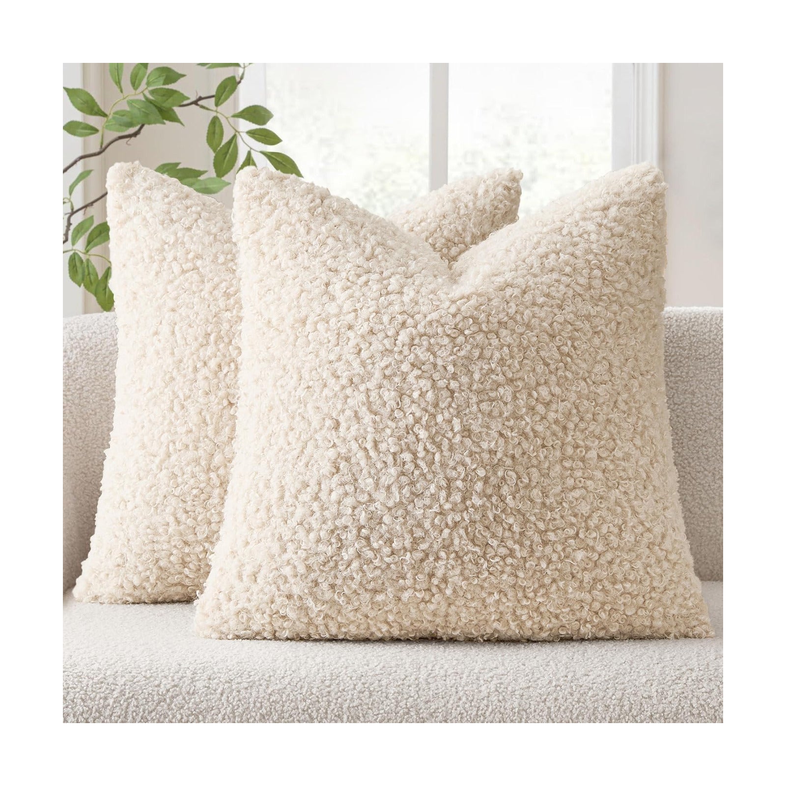 Teddy Faux Fur Throw Pillow Covers Soft Fuzzy Sherpa / Neutral Light Beige / 18 x 18 / Set of 2