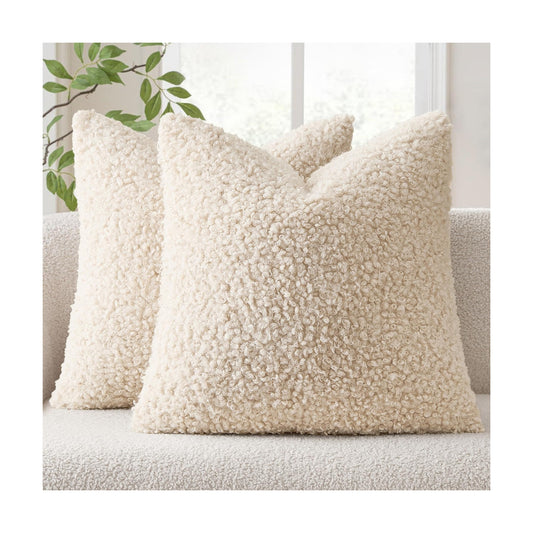 Teddy Faux Fur Throw Pillow Covers Soft Fuzzy Sherpa / Neutral Light Beige / 18 x 18 / Set of 2