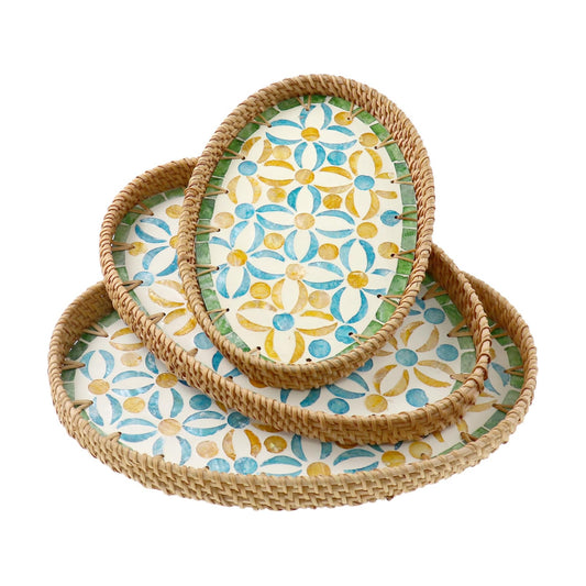 3 Sizes Wicker Woven Coffee Table Tray / Blue Orange Poppy