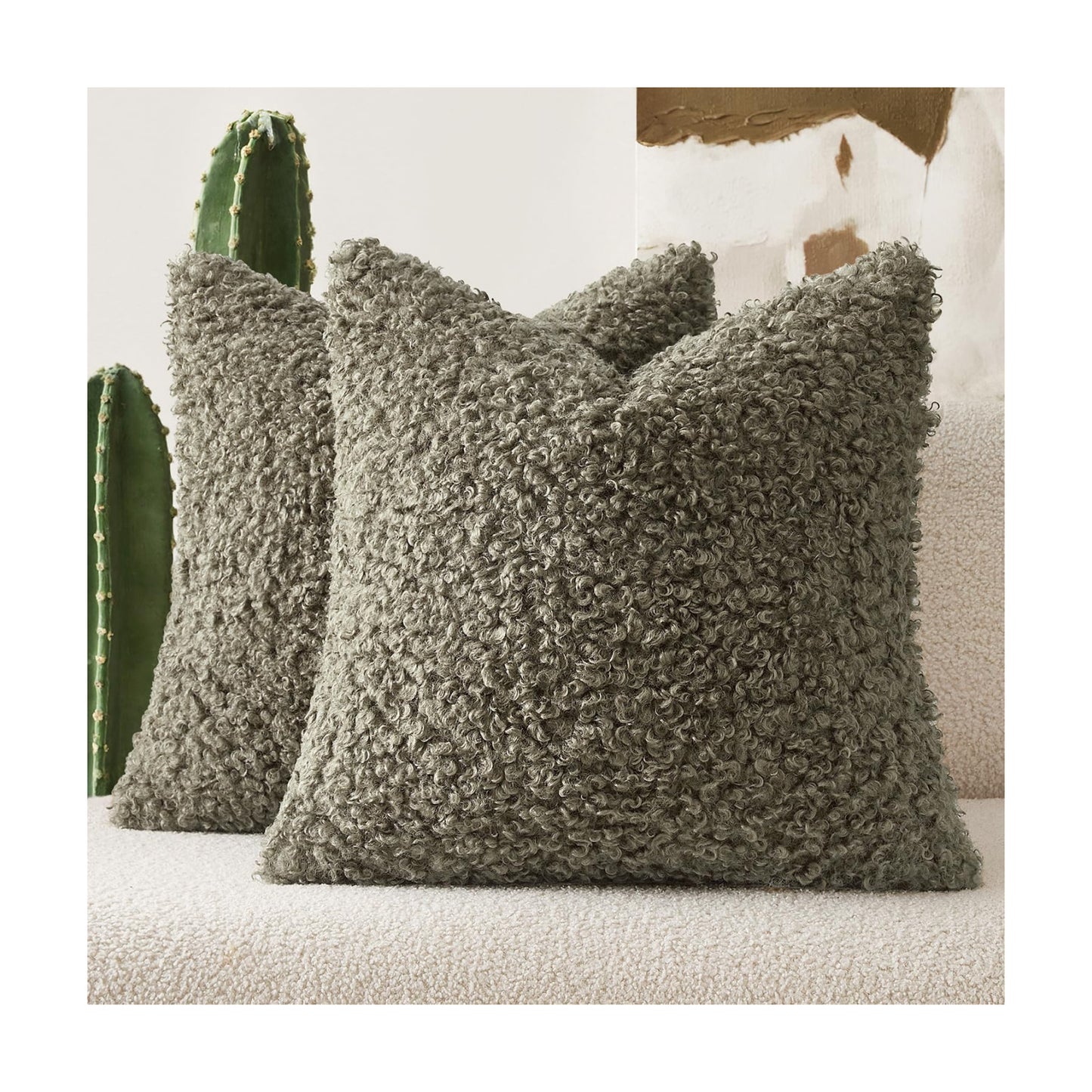 Teddy Faux Fur Throw Pillow Covers Soft Fuzzy Sherpa Sheepskin / Olive Green / 18 x 18 / Set of 2