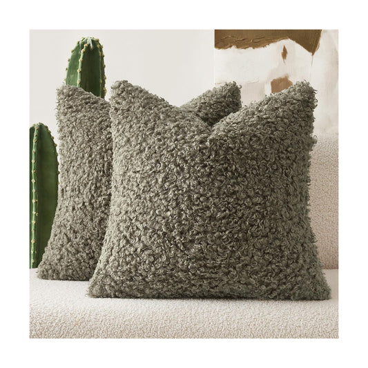 Teddy Faux Fur Throw Pillow Covers Soft Fuzzy Sherpa Sheepskin / Olive Green / 18 x 18 / Set of 2
