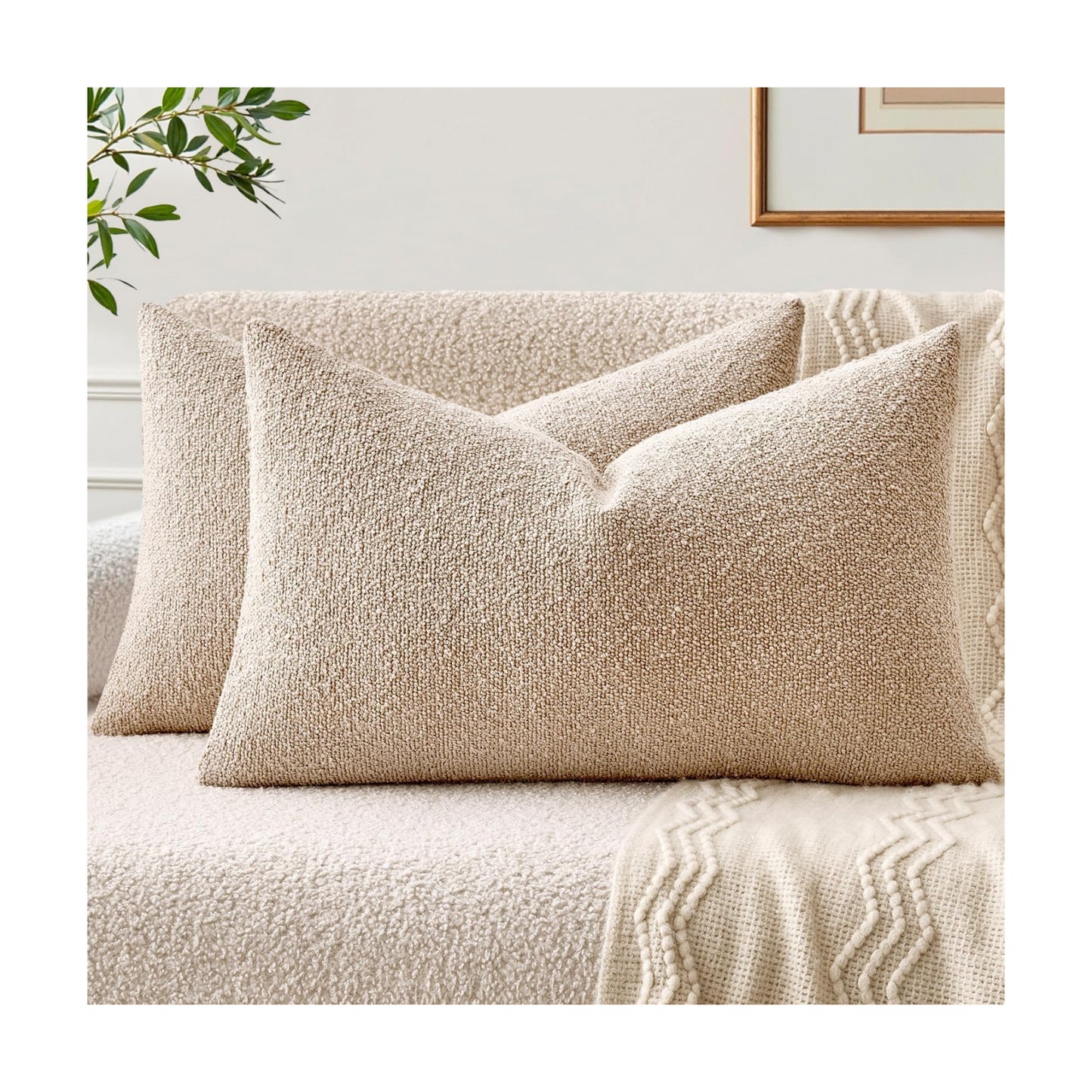 Textured Boucle Throw Pillow Covers Soft Accent Solid Cushion Cases / Oatmeal / 20 x 12 / Set of 2