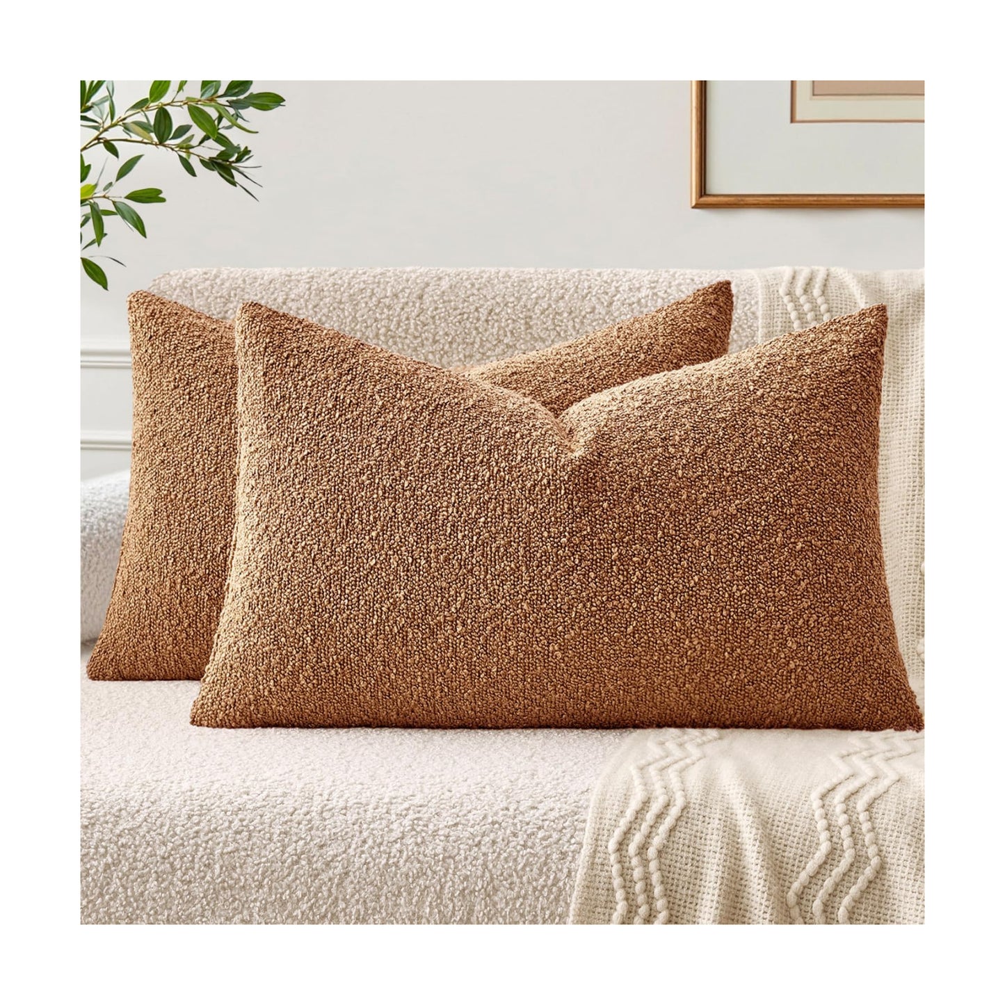 Textured Boucle Throw Pillow Covers Soft Accent Solid Cushion Cases / Brown / 20 x 12 / Set of 2