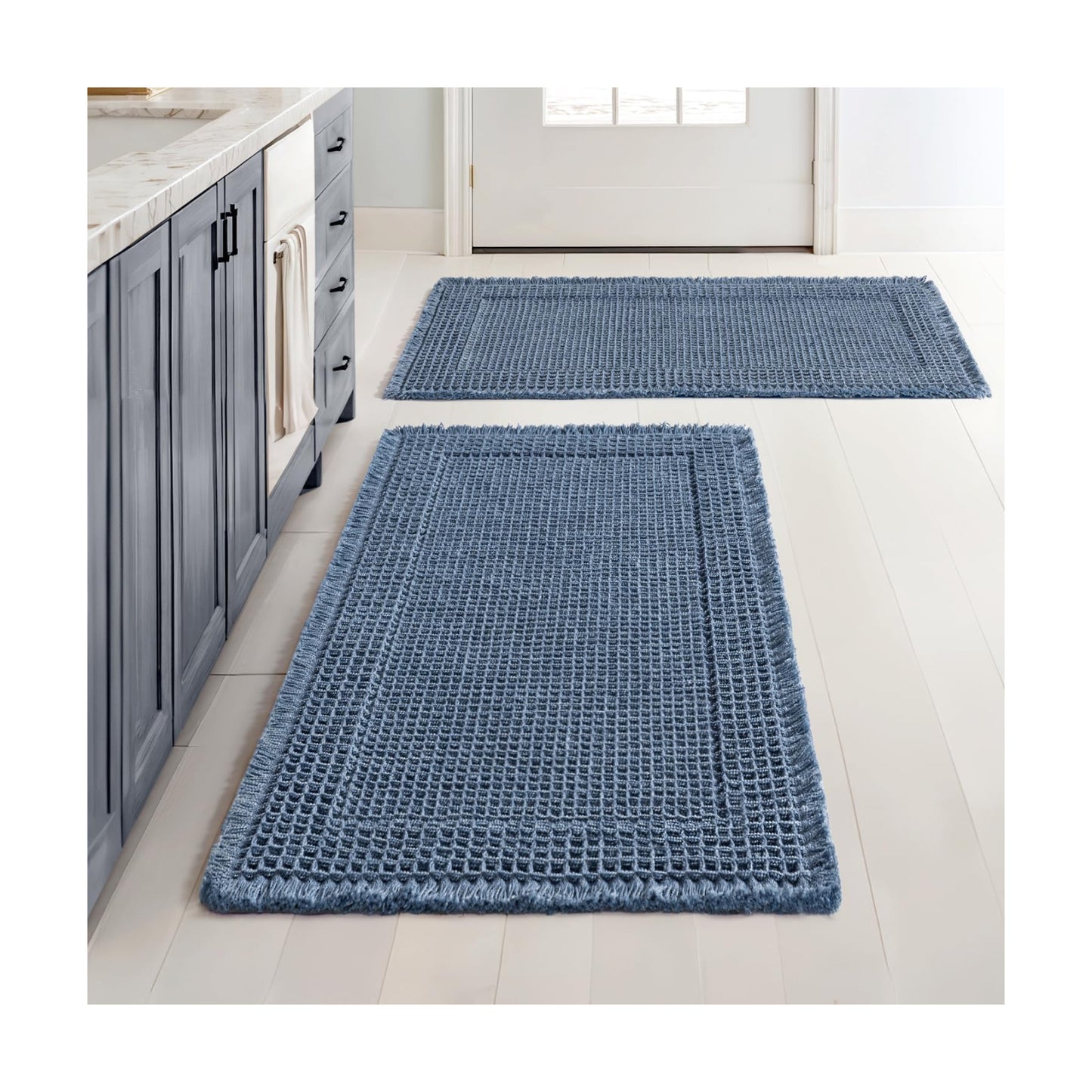 MIULEE Set of 2 Waffle Bathroom Rugs Bordered Bath Mat Blue 18x30 Inch