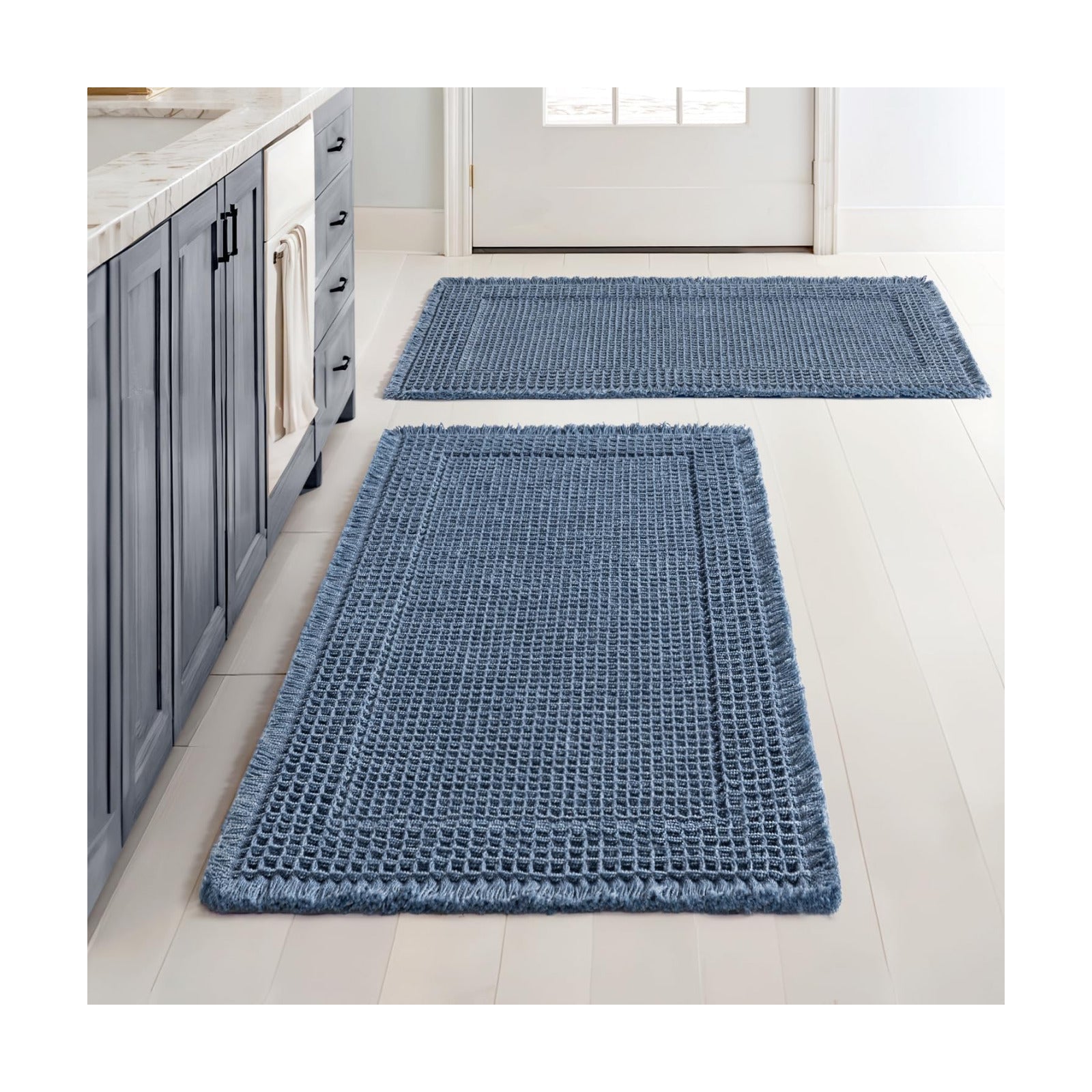 MIULEE Set of 2 Waffle Bathroom Rugs Bordered Bath Mat Blue 18x30 Inch