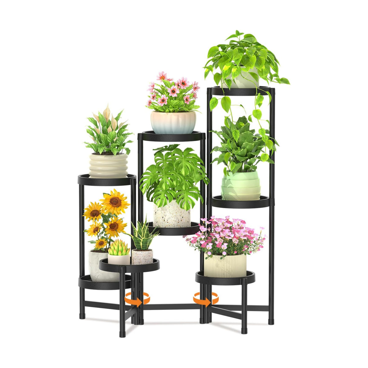 LASZOLA Plant Stand Indoor Outdoor Tall with Plastic Tray, 8 Tiers Black | Corner Folding Flower Display Rack, Modern