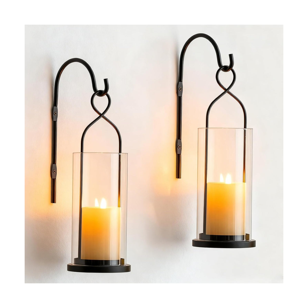 Black Candle Sconces Set of 2, with Hurricane Glass | Metal Wall Candle Holder, Wind-Proof Design, Table or Hanging