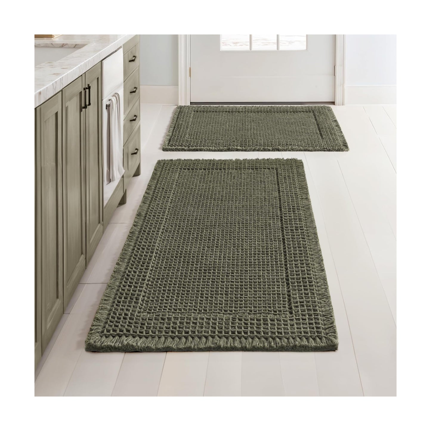 MIULEE Set of 2 Waffle Bathroom Rugs Bordered Mat Green 17"x24"+18"x30"