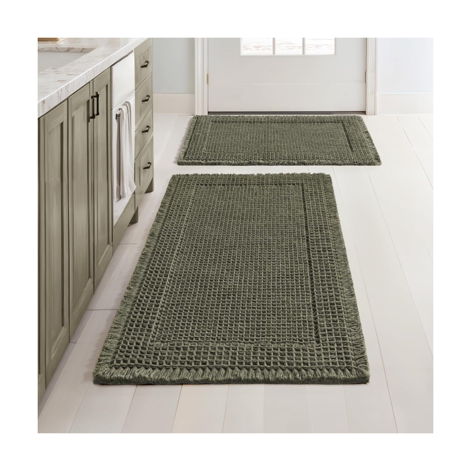 MIULEE Set of 2 Waffle Bathroom Rugs Bordered Mat Green 17"x24"+18"x30"