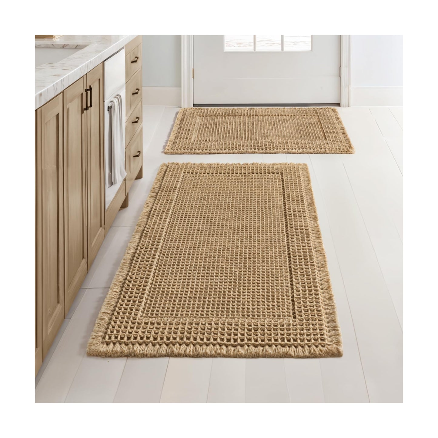 MIULEE Set of 2 Waffle Bathroom Rugs Bordered Mat Brown 17"x24"+18"x30"