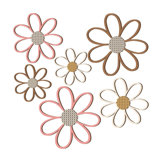 Daisy Wall Decor Wooden Daisy Wall Sculptures Art Flowers Signs Hanging / Warm Color / Set of 6