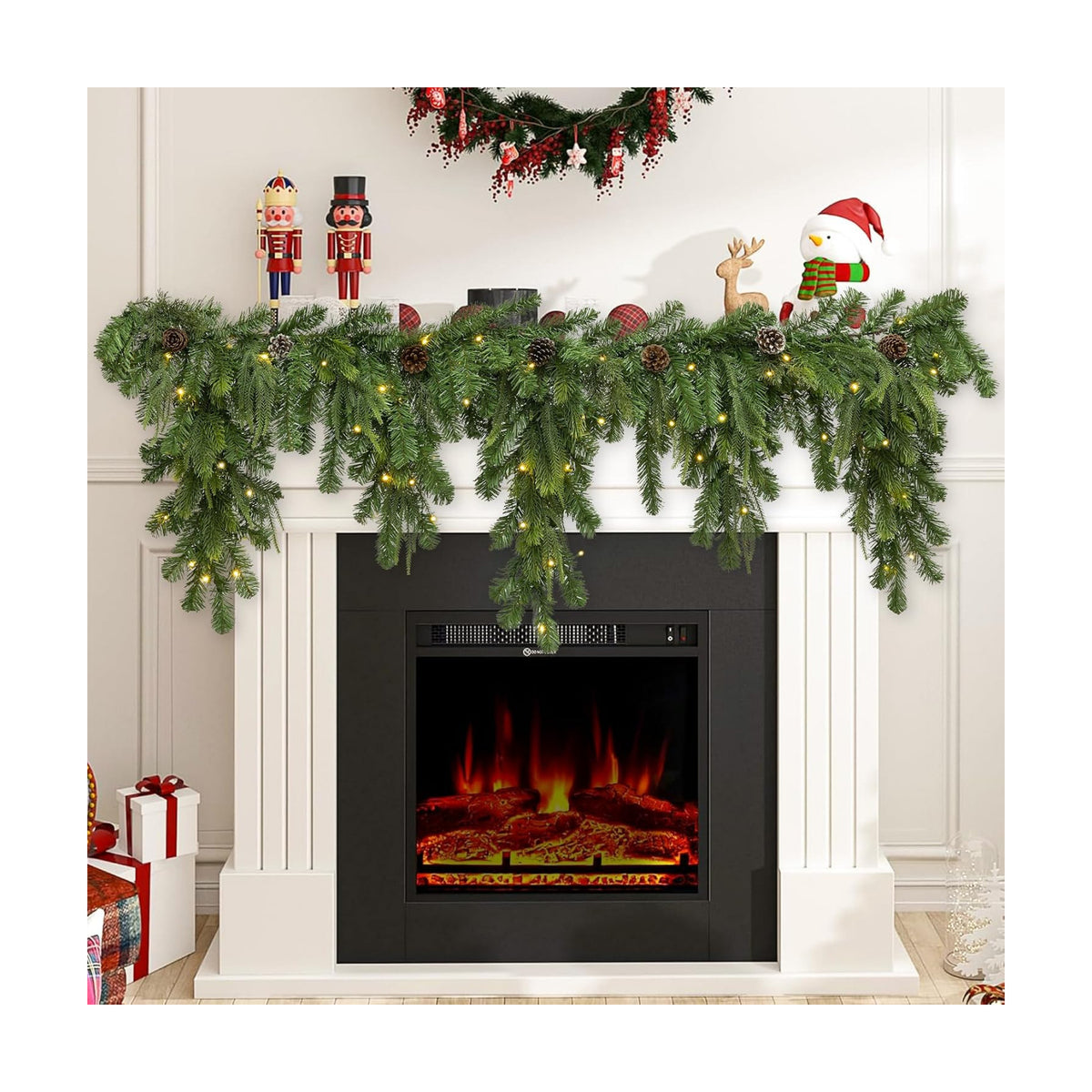 6ft Cascading Christmas Garland with Lights/Pinecone for Mantel Decorations | Prelit 80 Warm White LEDs with Dark Green