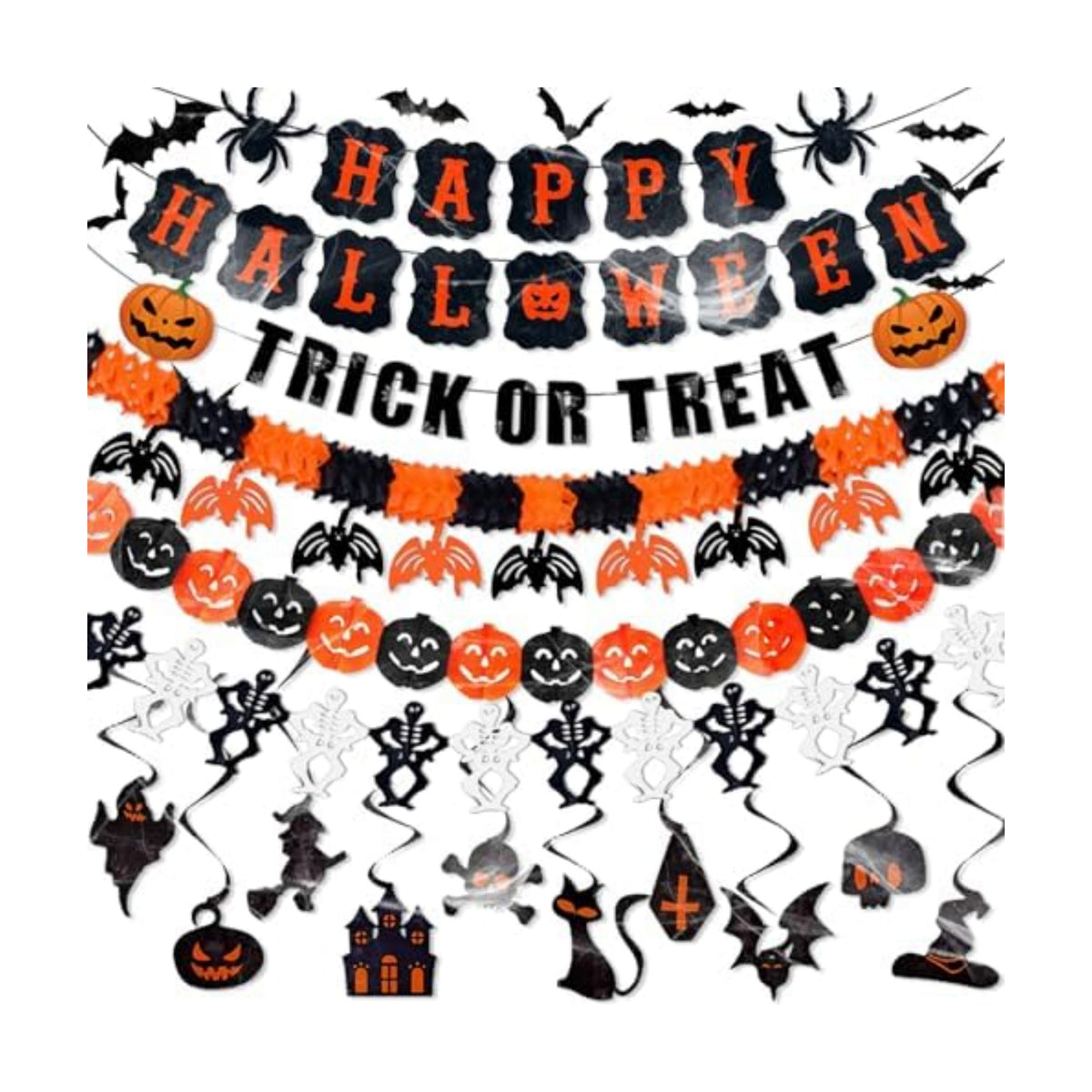 Halloween Party Decorations Kit Including Happy Halloween Paper Banner Trick or Treat Sign Garland Bat Ghost Pumpkin Happy Halloweens Indoor Decorations
