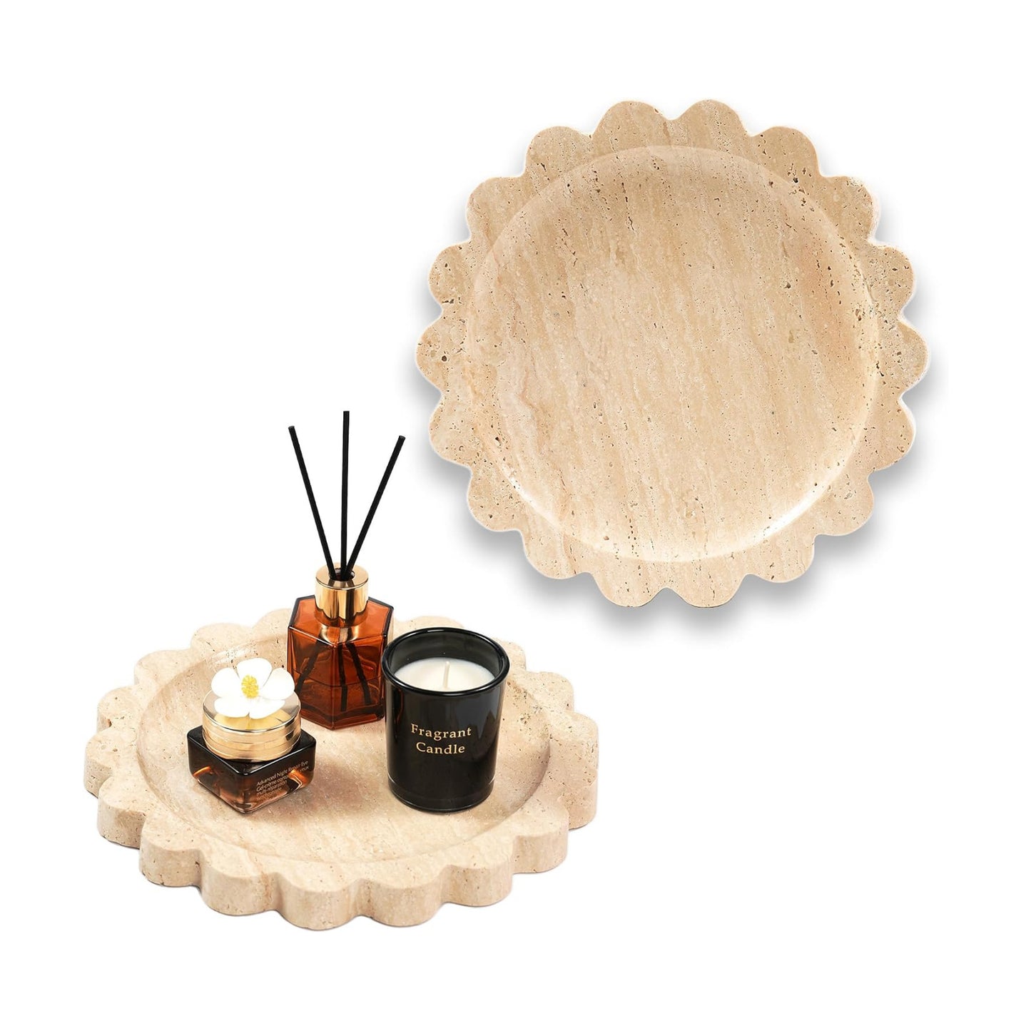 Travertine Scalloped Marble Tray / Flower-travertine / 9.9 Inch