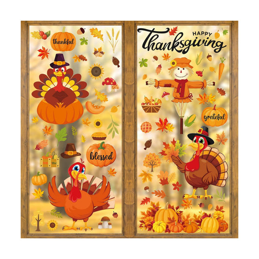 Fall Thanksgiving Window Clings 6 Sheets, Large Turkey Fall Leaves Reusable Window Decals Stickers for Home Autumn Thanksgiving Party Decorations Supplies (Turkey)