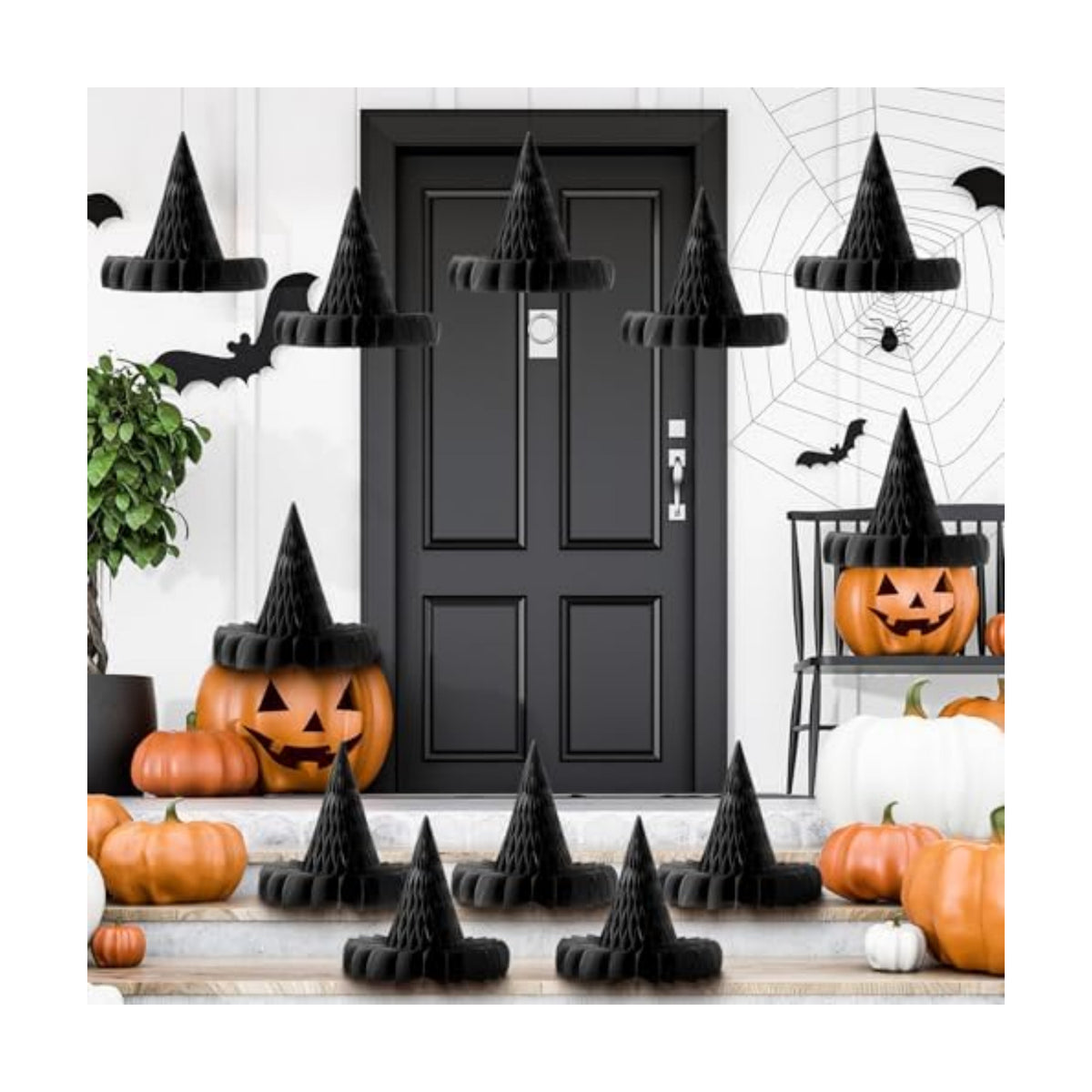 Fourluoo 12 Pack Halloween Honeycomb Decorations Bats Ghosts Set,Witch Hat