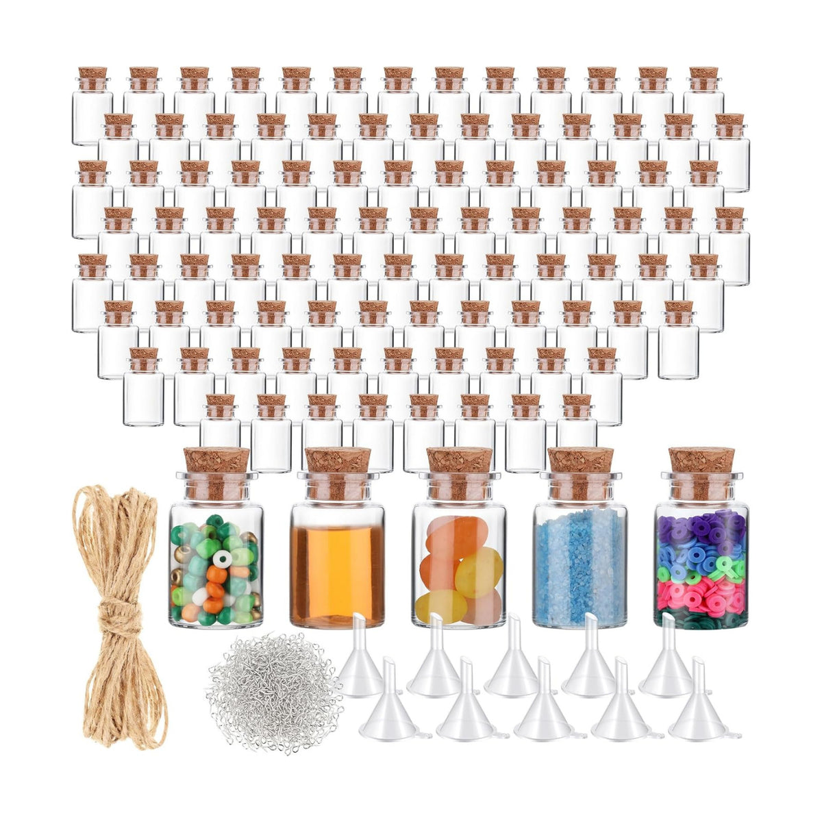Bokon 100 Packs Mini Plastic Bottles with Corks Stoppers Eye Screws Funnels Small Potion Bottles Tiny Clear Sand Art Jar Wishing Vial for Birthday Party DIY Crafts Gift