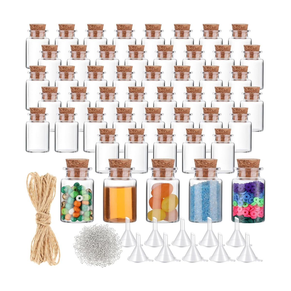 Bokon 50 Packs Mini Plastic Bottles with Corks Stoppers Eye Screws Funnels Small Potion Bottles Tiny Clear Sand Art Jar Wishing Vial for Birthday Party DIY Crafts Gift