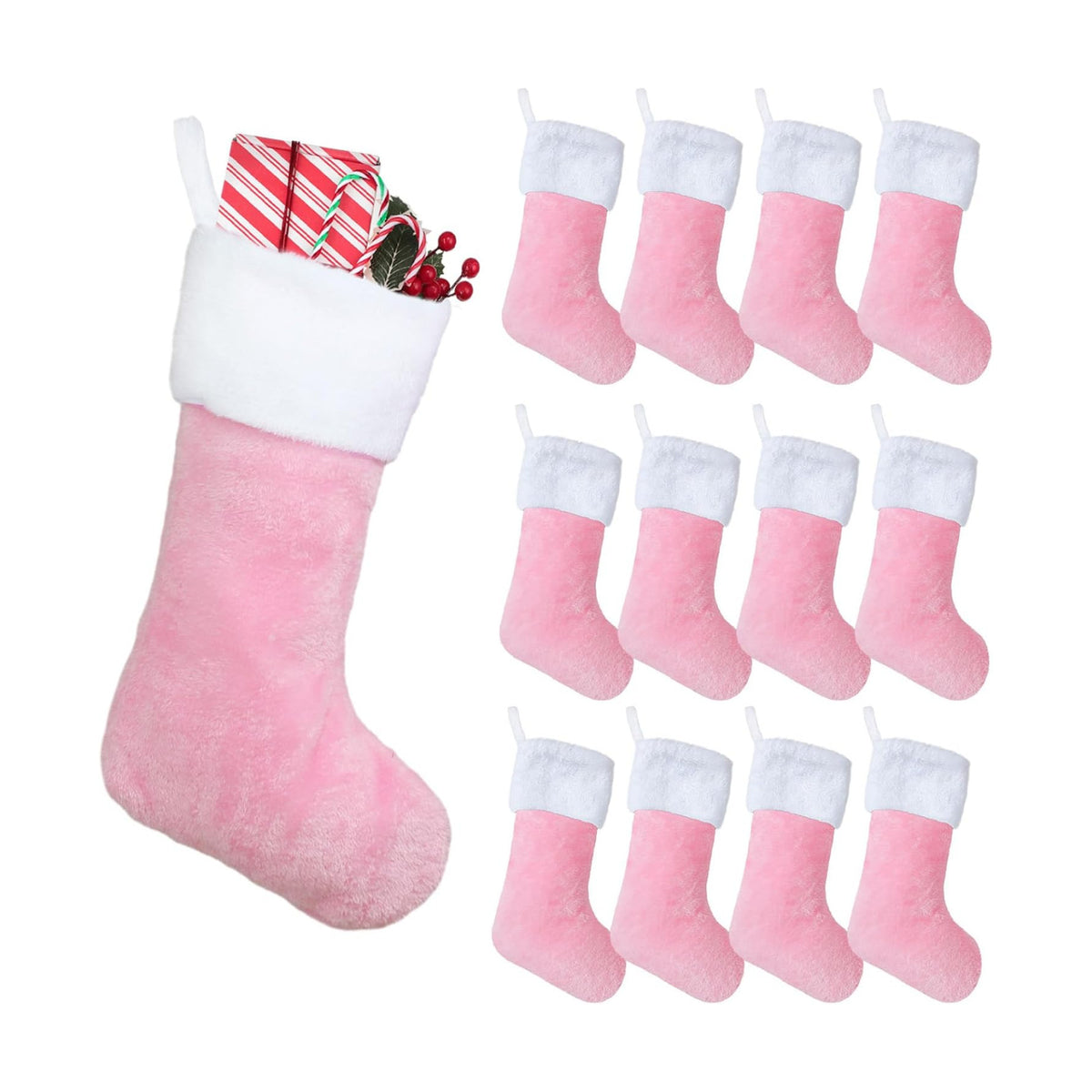 12 Pcs Christmas Stocking 18" Plush,Pink and White